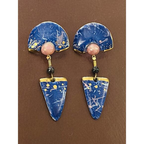 Chnthia Chuang Jewelry - Vntge CYNTHIA CHUANG JEWELRY 10 Blue Gold Pink Pierced Earrings Modernist Dangle